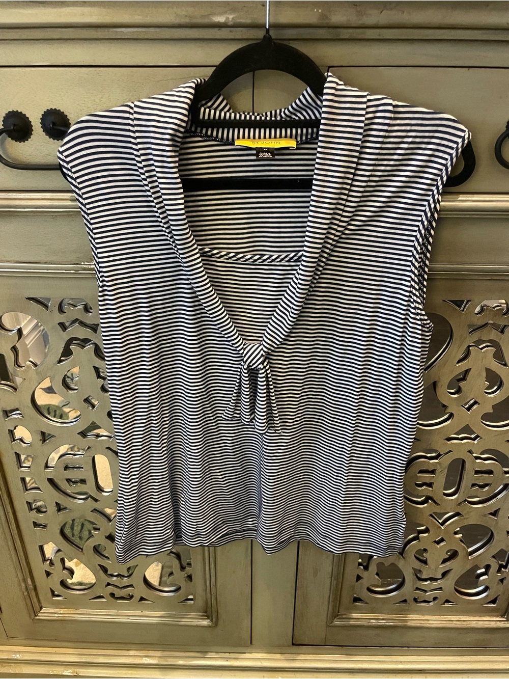 St John Sleeveless Navy & White Striped nautical Tie-Neck Top